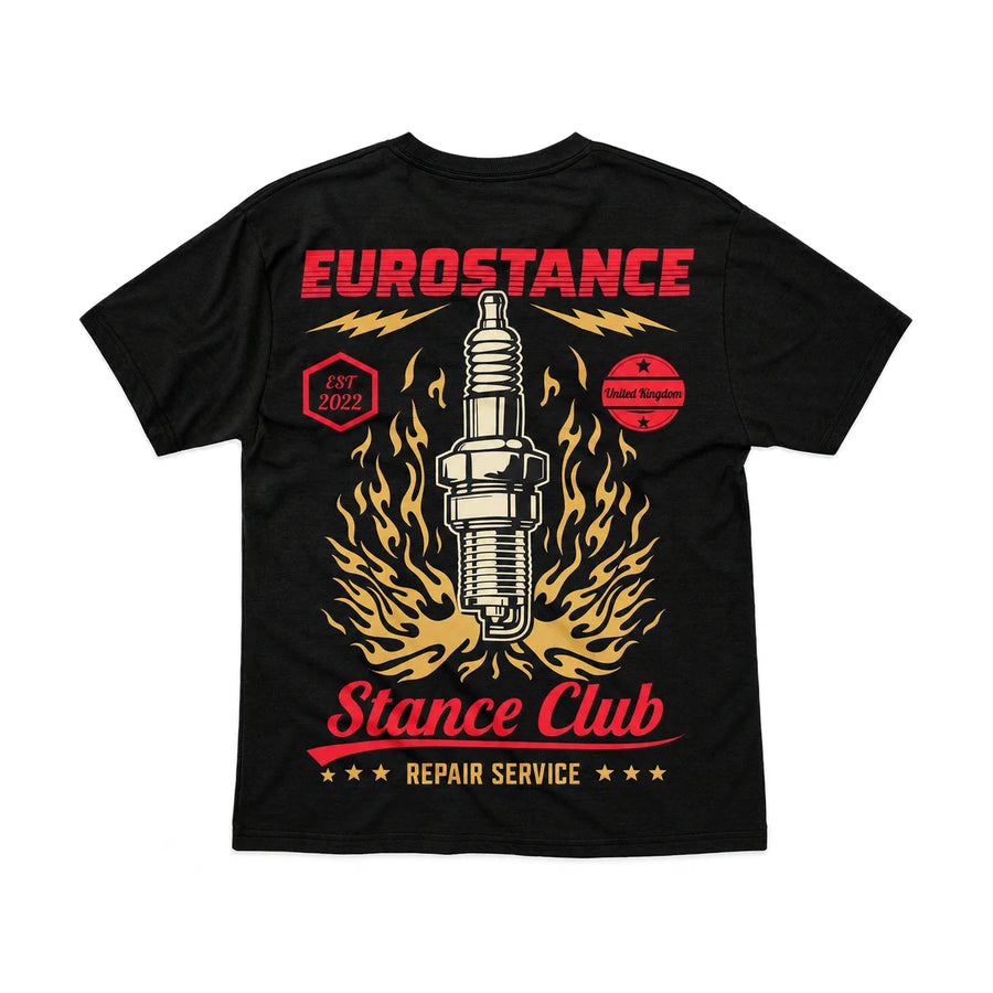 EuroStance SparkPlug Garage Tee back, product photo on white