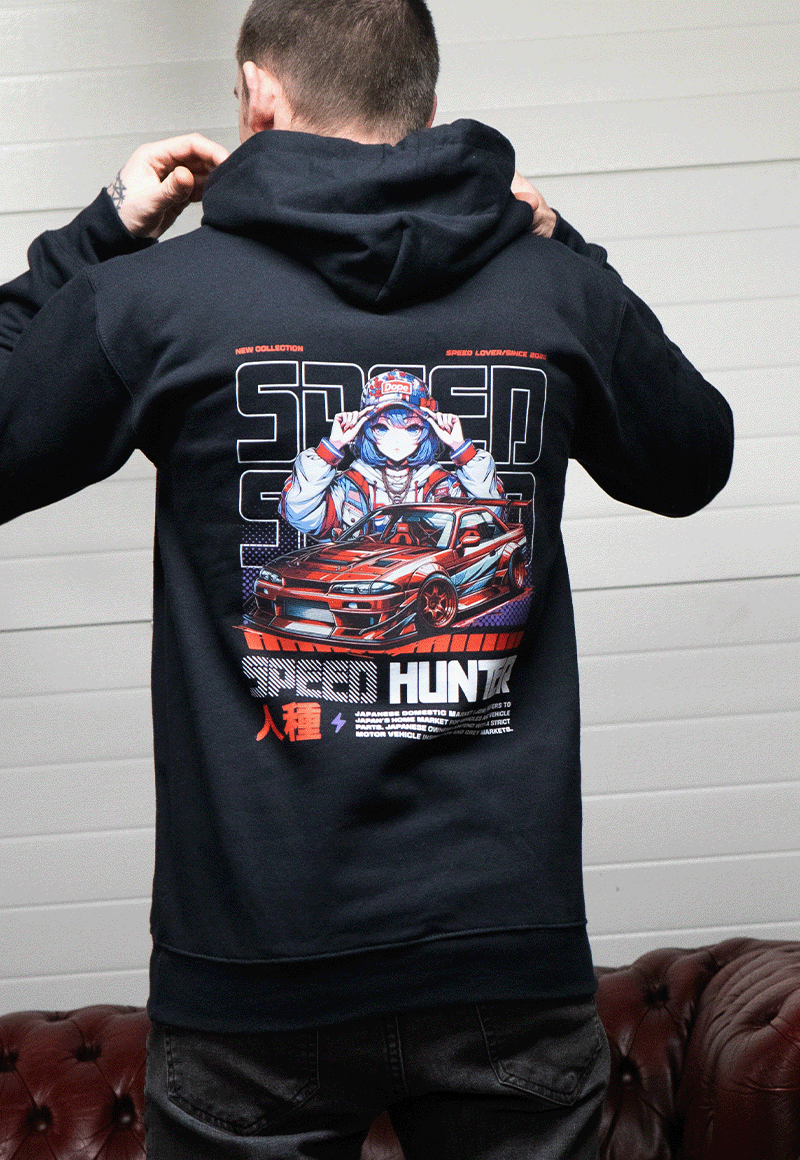 EuroStance Speed Hunter Dope Hoodie worn by a model, anime girl and red car back print