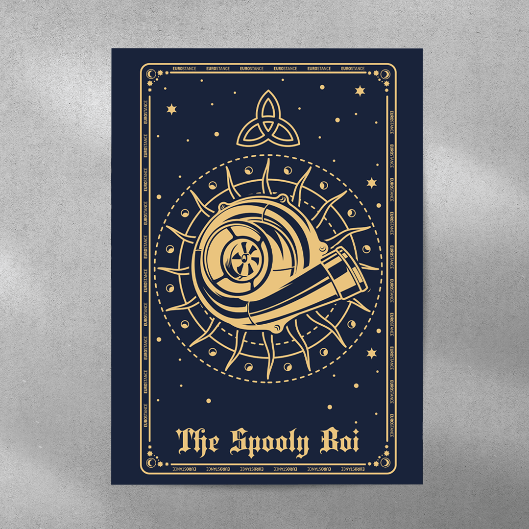 EuroStance Tarot Spooly Boi Poster, a navy and gold tarot card showing a turbocharger