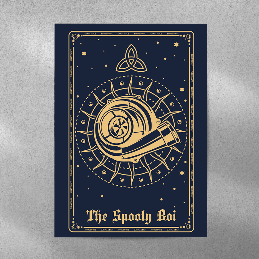 EuroStance Tarot Spooly Boi Poster, a navy and gold tarot card showing a turbocharger