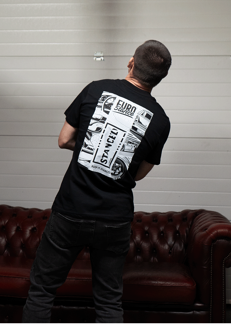 EuroStance Keep It Stanced T-Shirt on a model looking up, back view with car collage print