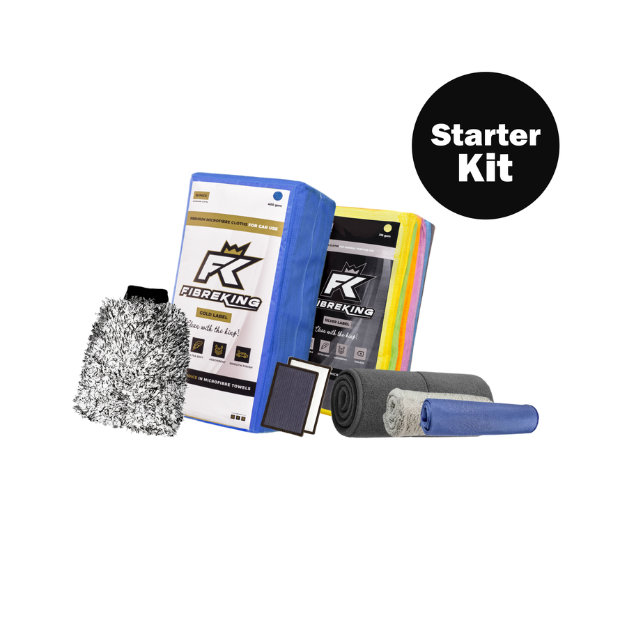 Car Cleaning Microfibre Starter Kit with wash mitt, two cloth packs, pads and rolled towels