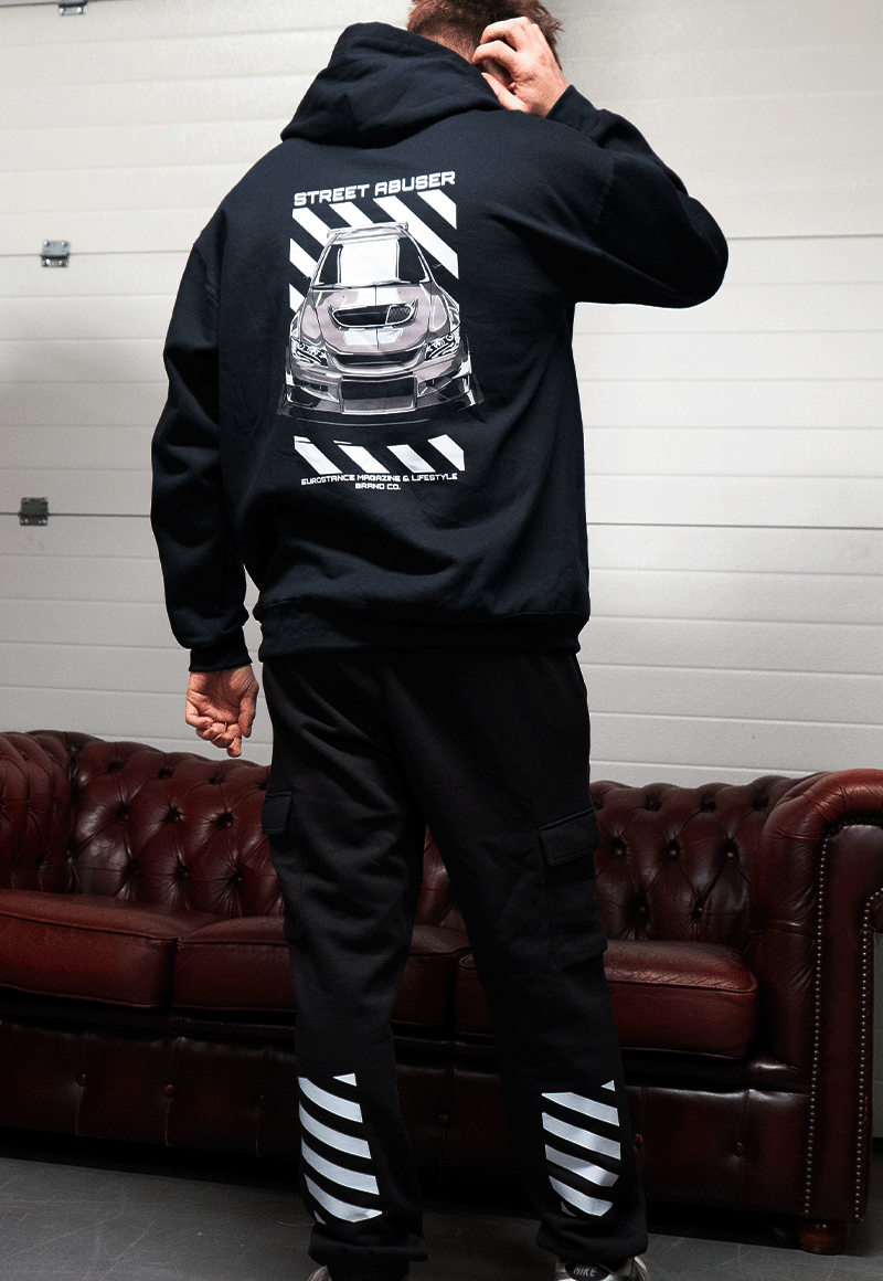 EuroStance Street Abuser Hoodie on a model from behind showing the car graphic back print