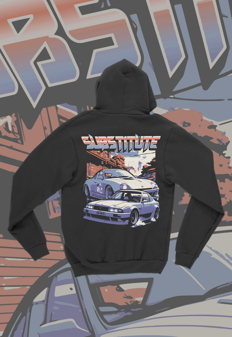 EuroStance Flash Substitute Hoodie, back of the dark hoodie with two cars under Substitute lettering