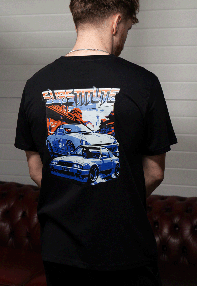 EuroStance Flash Substitute Tee on a model from behind, showing the two car Substitute back print