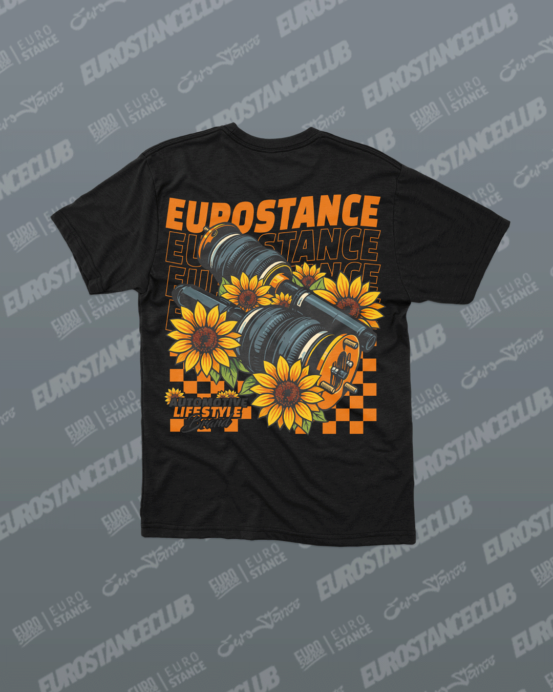 EuroStance SunFlower T-Shirt back of the black tee with sunflowers and an air strut print