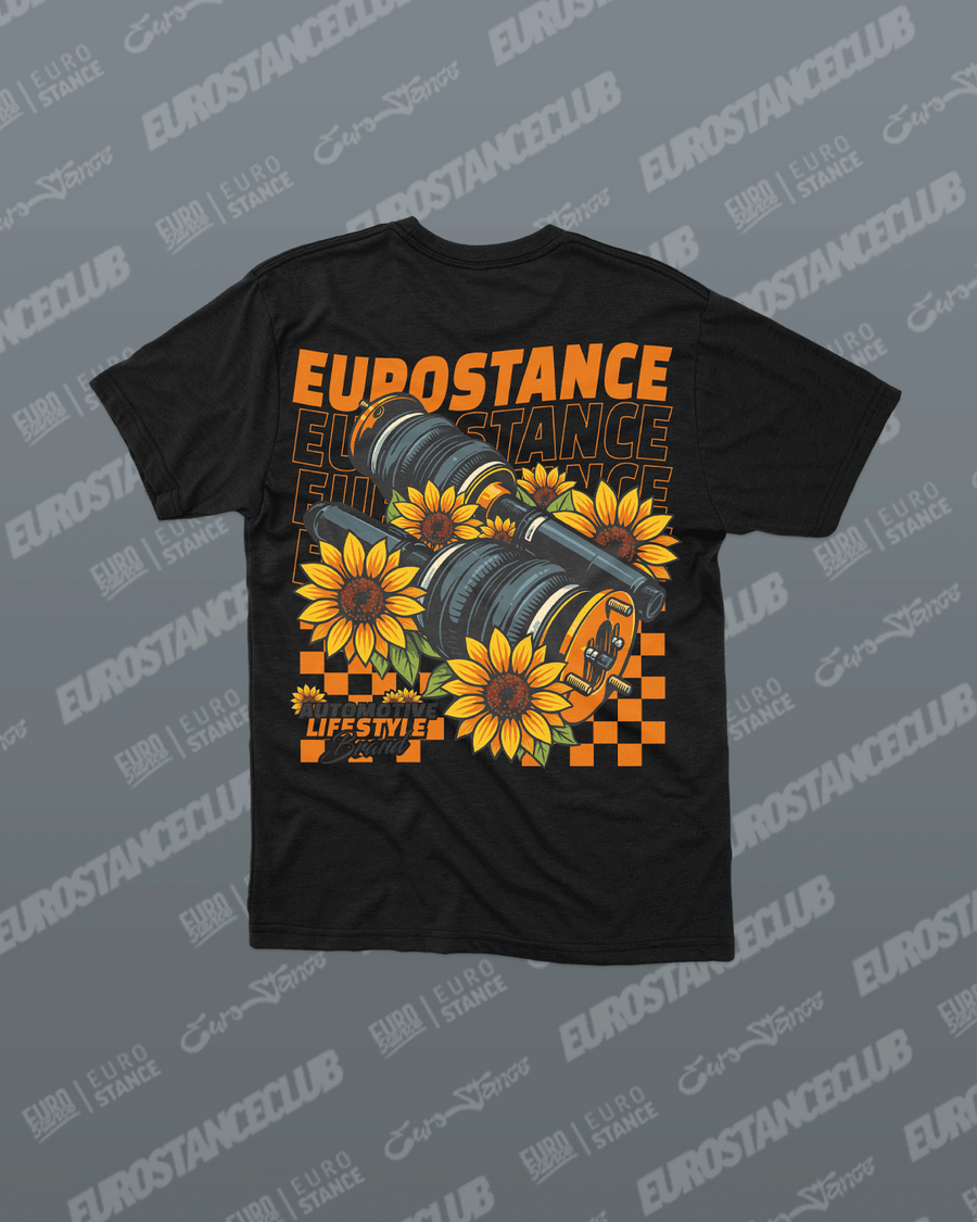 EuroStance SunFlower T-Shirt back of the black tee with sunflowers and an air strut print
