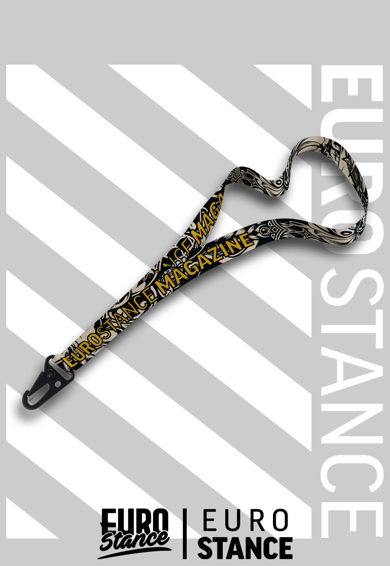 EuroStance Tattoo Lanyard with black and cream tattoo pattern, yellow lettering and a black clip