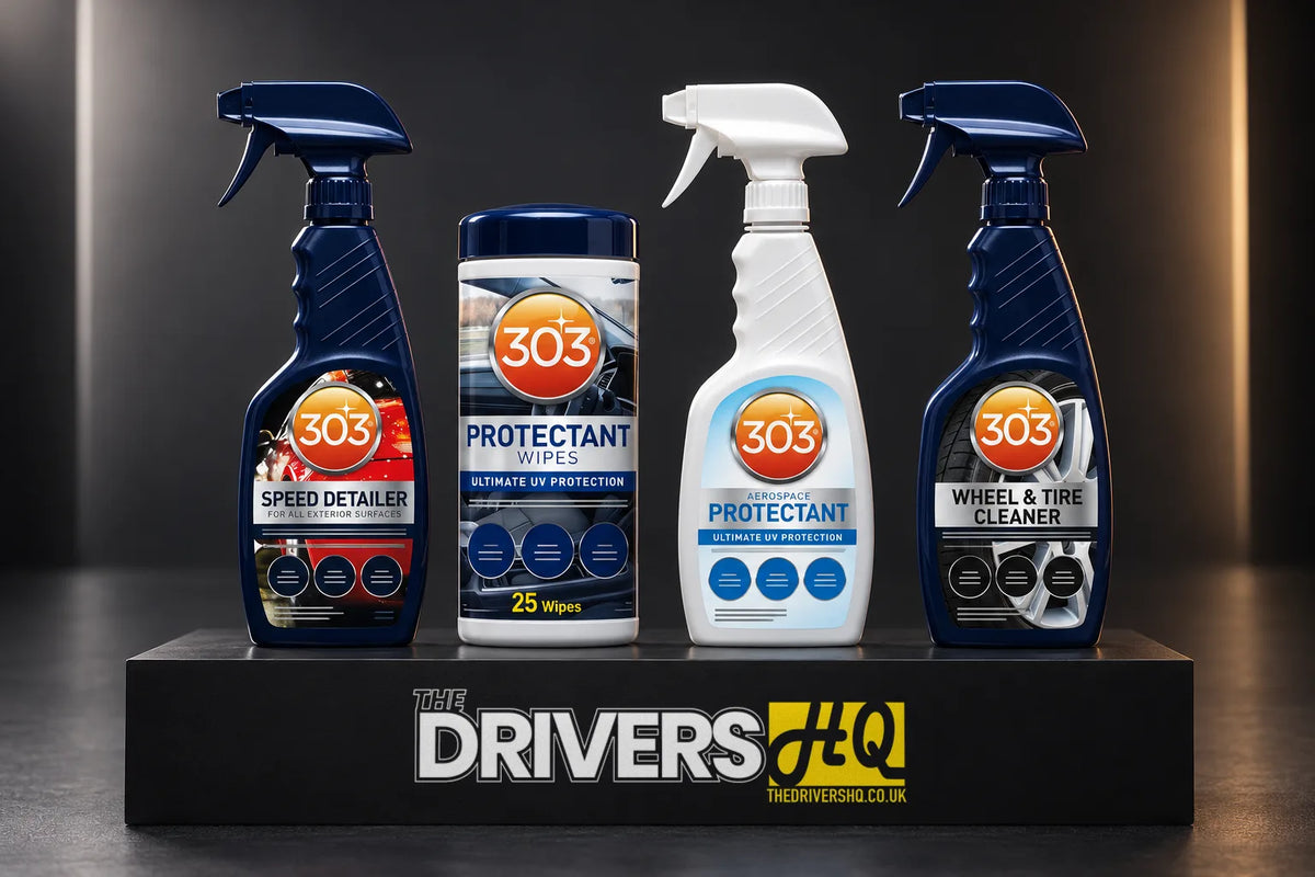 303 Speed Detailer, Protectant Wipes, Aerospace Protectant and Wheel & Tire Cleaner on a black display plinth