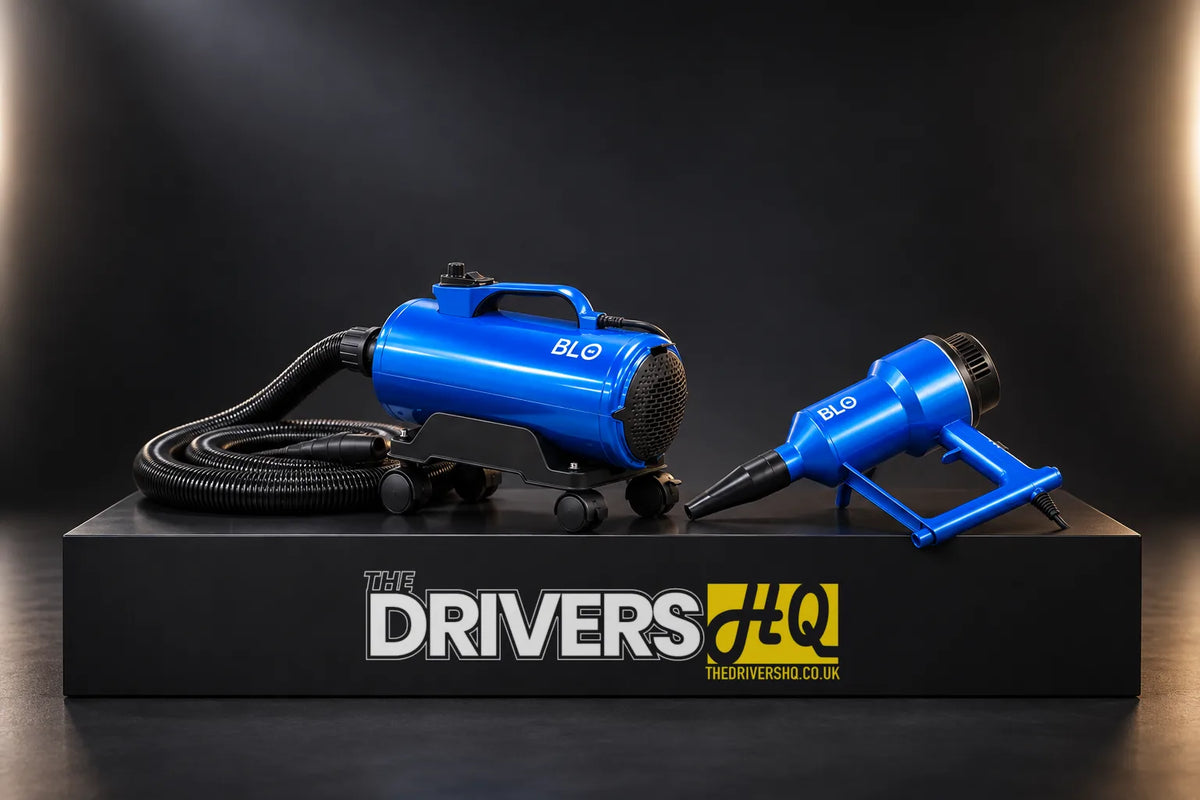 BLO Air-GT car dryer with its coiled hose and the BLO Air-S hand held car dryer on a black display plinth