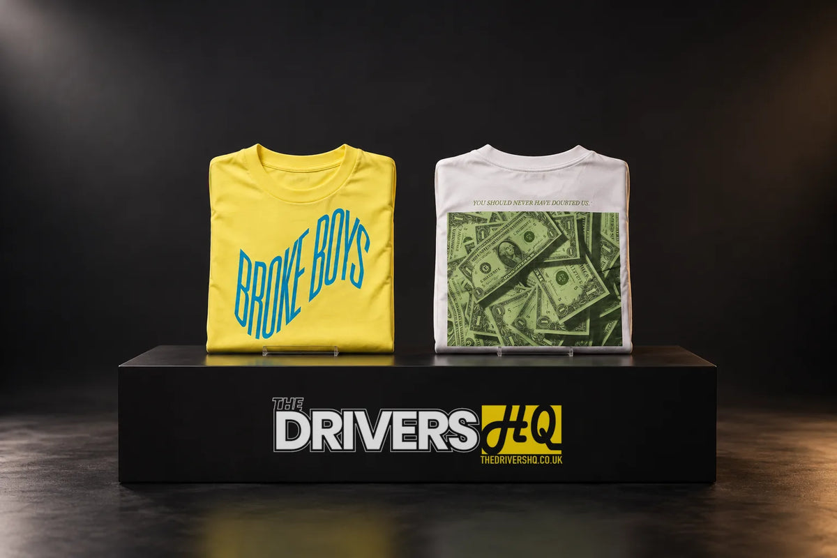 Folded Broke Boys Wave bright yellow tee and white Cash Money long sleeved tee on a black display plinth