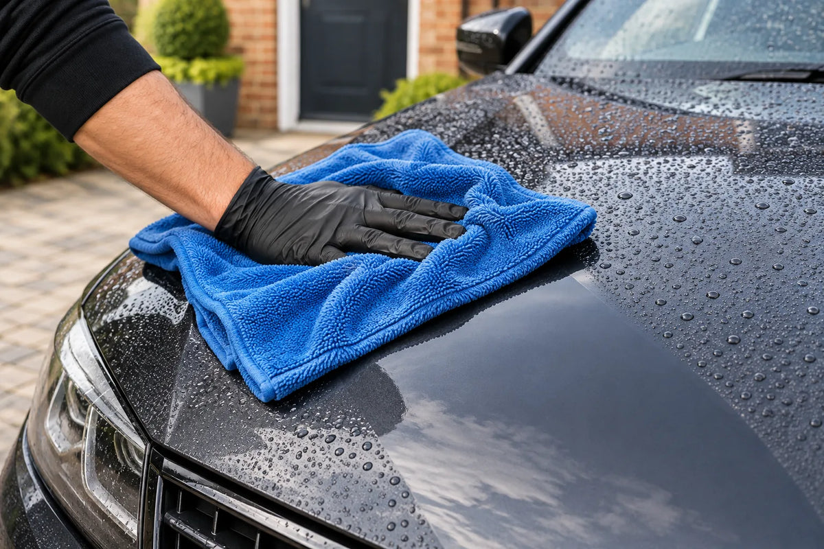Detailers United Hydro Hoover blue drying towel drying a wet car bonnet