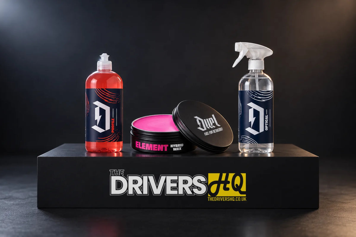 Duel Profile Tyre & Trim Dressing, an open tin of Element Hybrid Wax and Optical Window & Glass Cleaner on a black display plinth