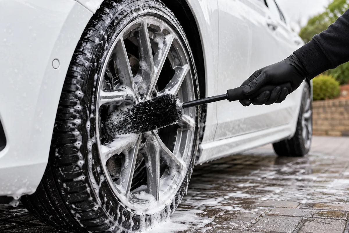 Dunking Biscuit Rim Ticklers wheel woolie cleaning a foamed alloy wheel on a white car