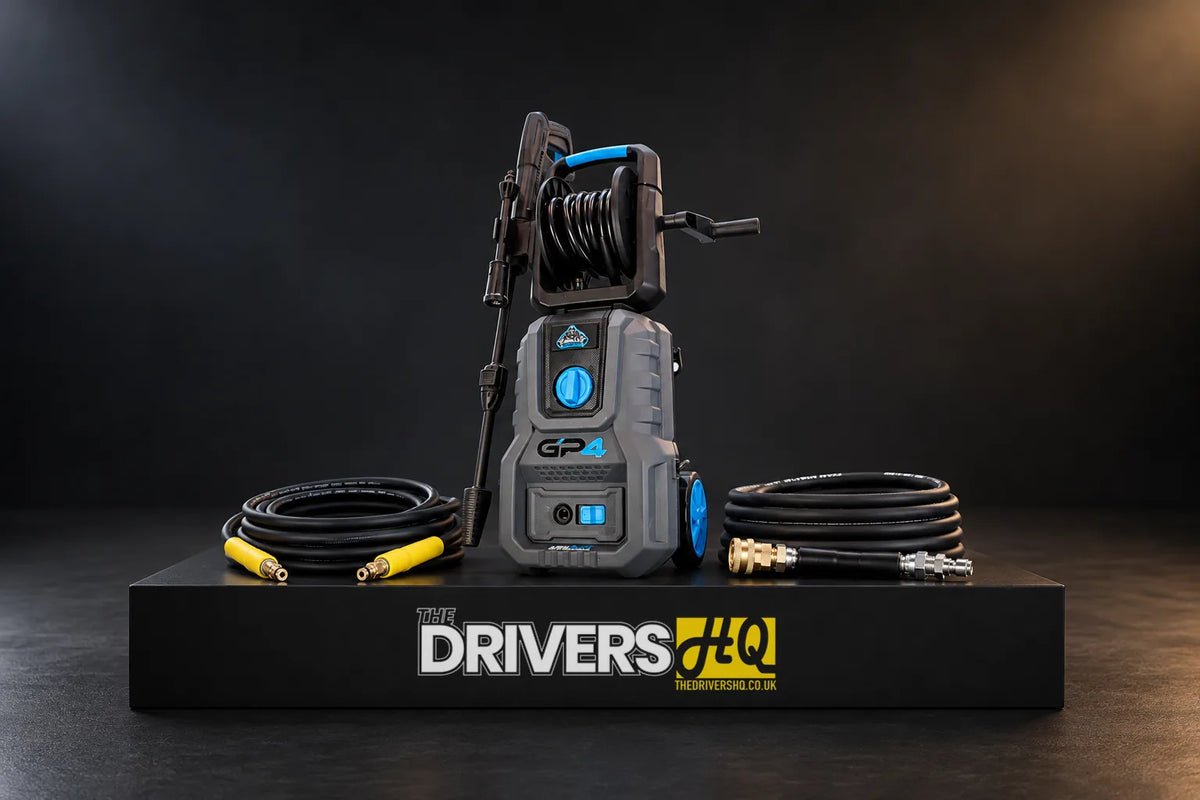 Gorilla Power GP4 pressure washer, Karcher click bayonet hose and quick release washer hose on a black display plinth