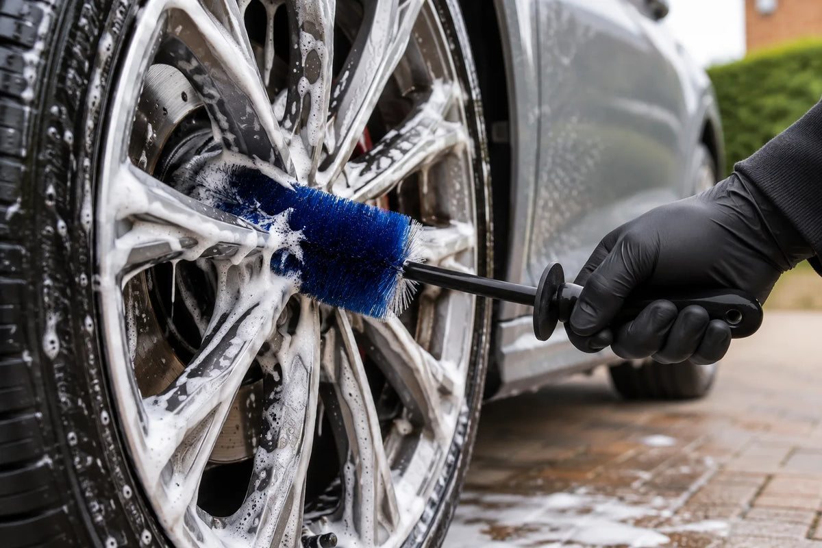 EZ Detail small wheel brush cleaning between the spokes of a foamed alloy wheel