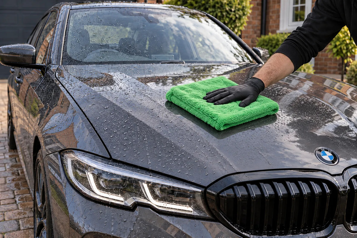 FibreKing Silver Label twisted loop drying towel drying a wet BMW 3 Series bonnet