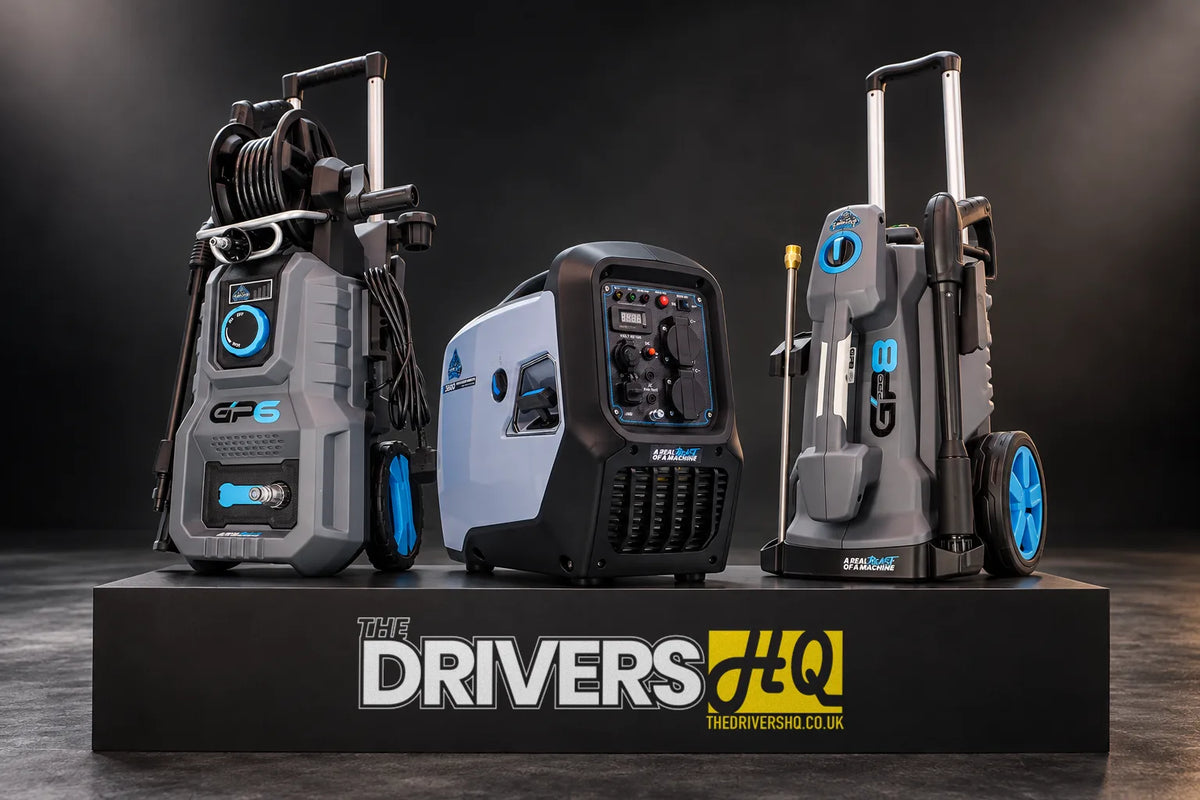 Gorilla Power GP6 and GP8 electric pressure washers and GP3500i inverter generator on a black display plinth