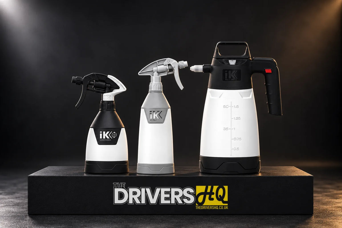 IK Multi TR Mini 360, HC Pro 1 trigger sprayer and Multi Pro 2 pump sprayer on a black display plinth