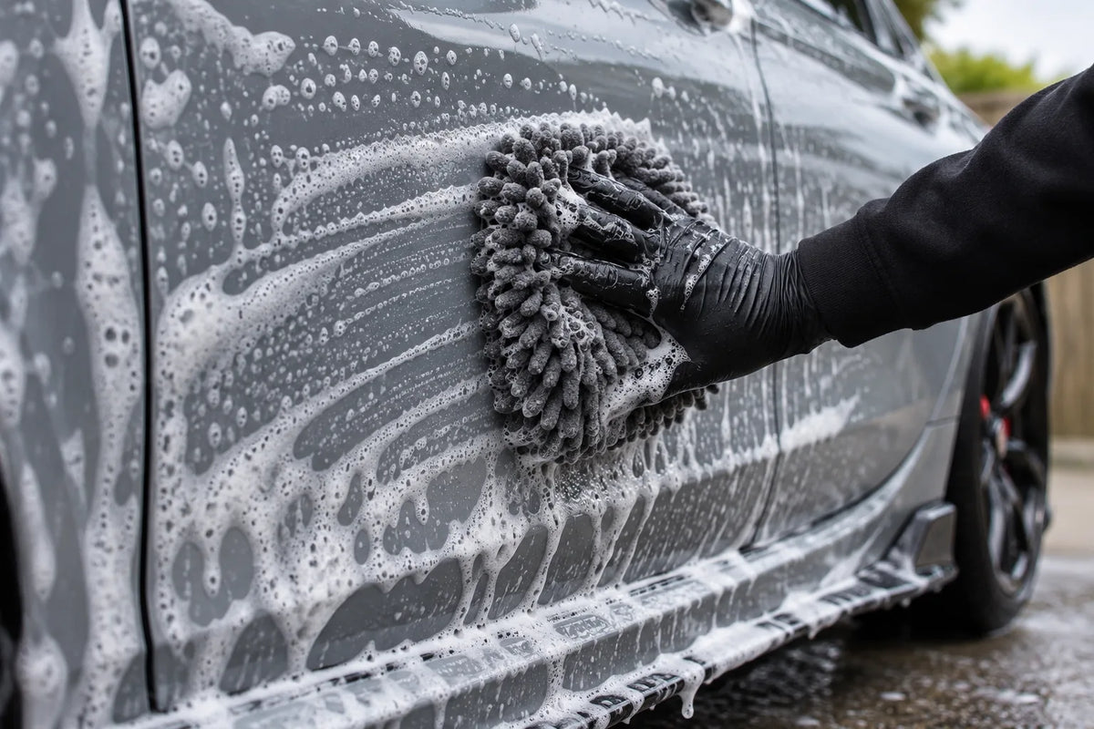 KDN Detailing Mini Wash Pad washing the foamed door of a grey car