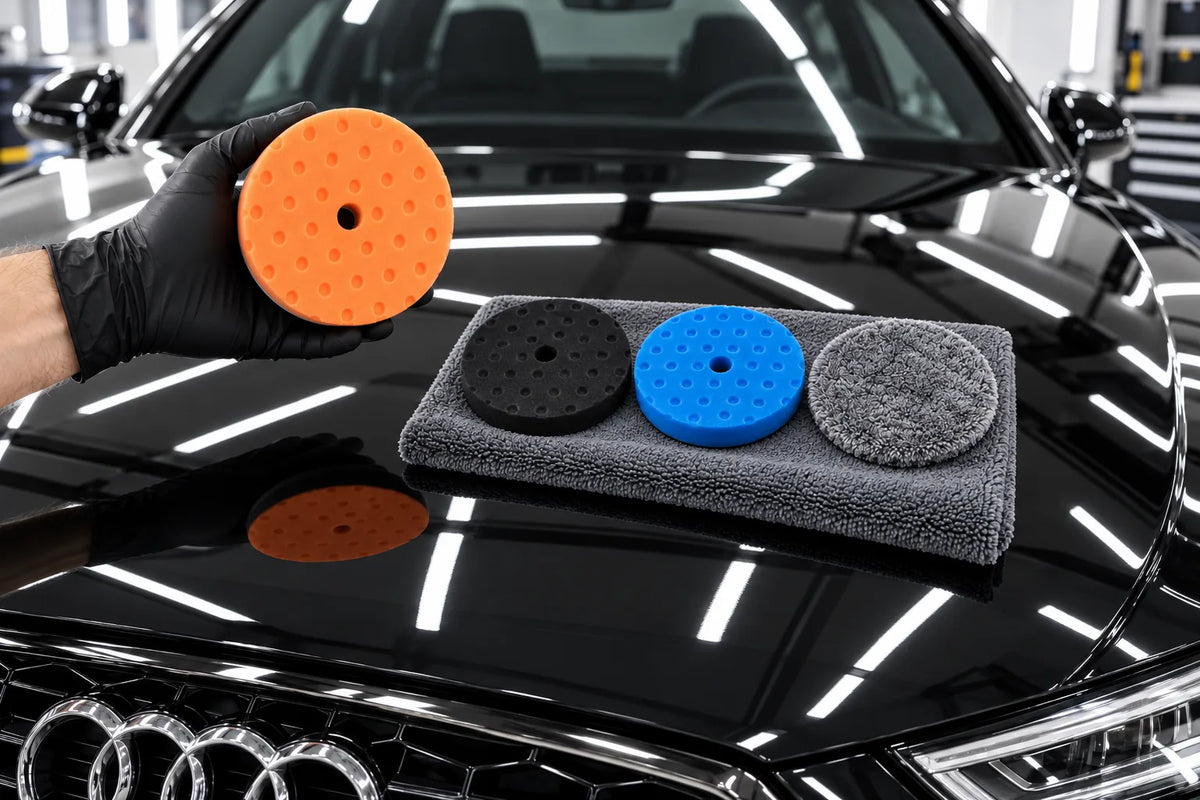 Lake Country HDO-CCS orange polishing pad held above a gloss black Audi A5 bonnet, with the black HDO-CCS, blue SDO-CCS and microfibre pads on a towel
