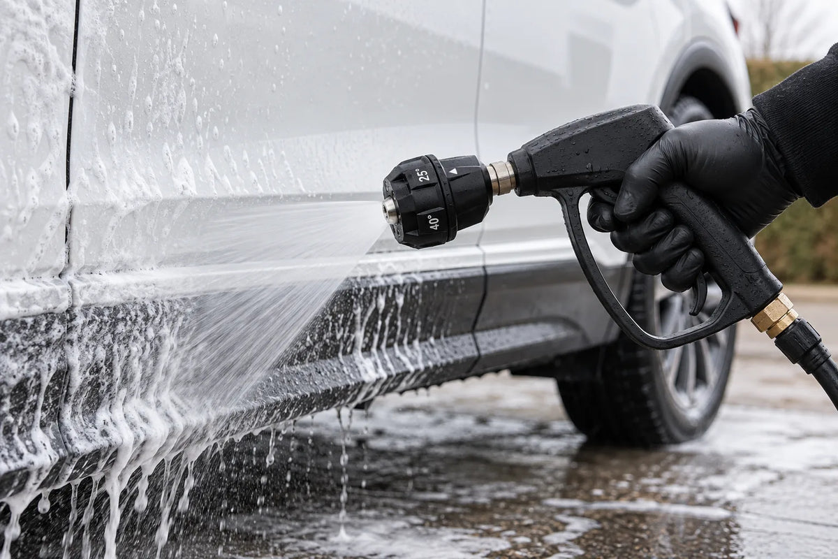 Linntec 6 in 1 adjustable spray nozzle on a pressure washer gun rinsing foam off the sill of a white car