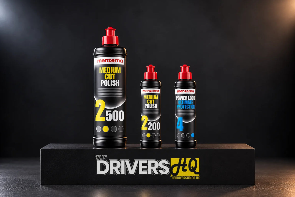 Menzerna Medium Cut Polish 2500 1L, Medium Cut Polish 2200 250ml and Power Lock Ultimate Protection 250ml on a black display plinth