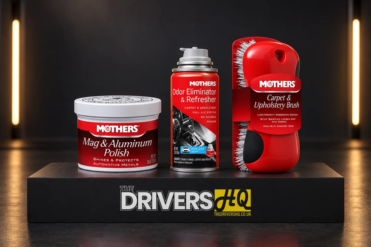 Mothers Mag & Aluminum Polish, Odor Eliminator & Refresher and Carpet & Upholstery Brush on a black display plinth
