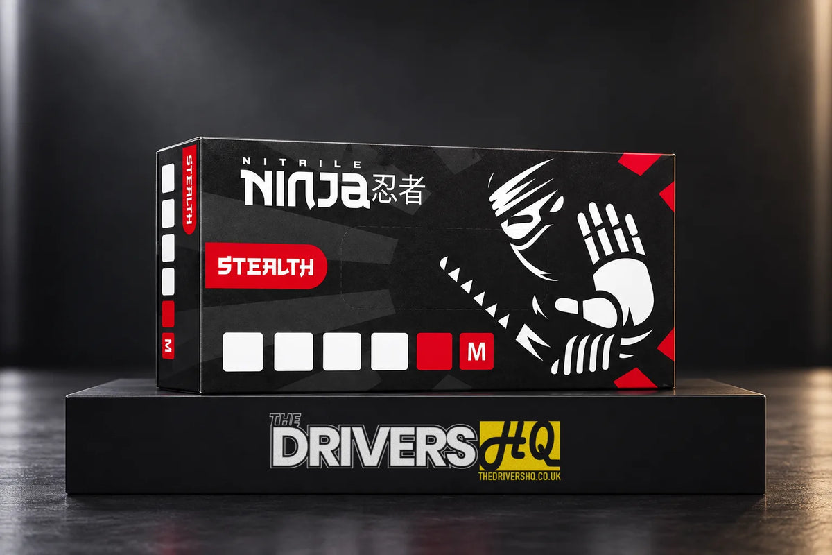 Box of Nitrile Ninja Stealth black detailing gloves, size M, on a black display plinth