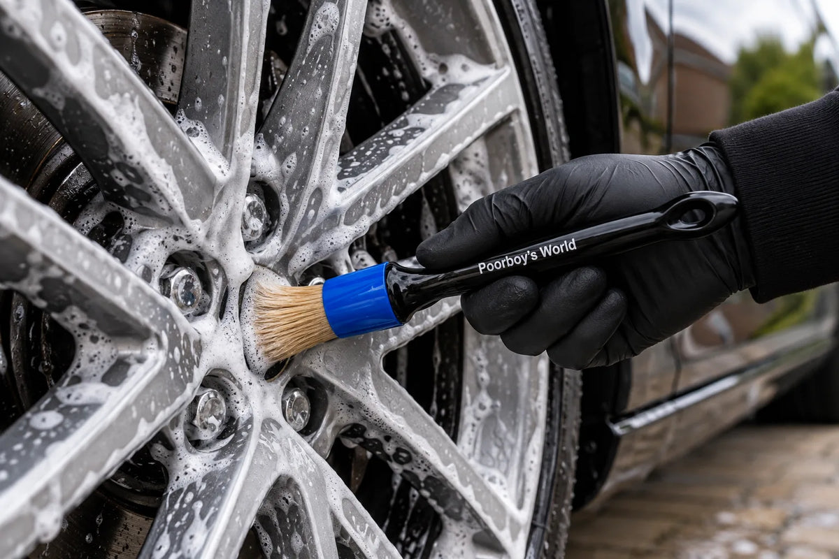 Poorboy's World boar's hair detailing brush cleaning around the wheel nuts of a foamed alloy wheel
