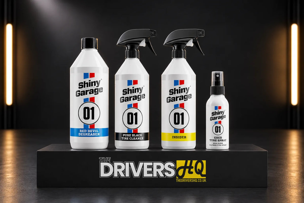 Shiny Garage Red Devil Degreaser, Pure Black Tire Cleaner, Insider and Coco Tyre Spray on a black display plinth