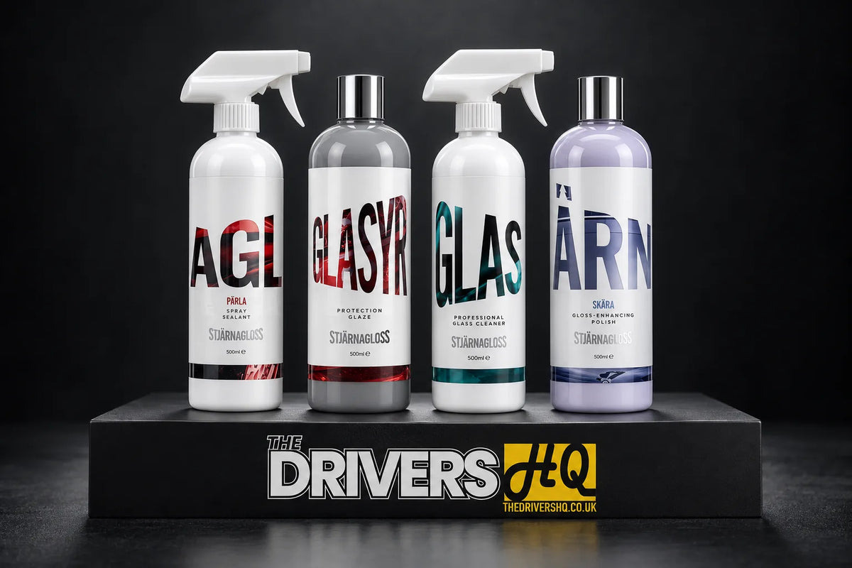 Stjarnagloss Parla spray sealant, Glasyr protective glaze, Glas glass cleaner and Skara gloss-enhancing polish 500ml bottles on a black display plinth in a photo studio