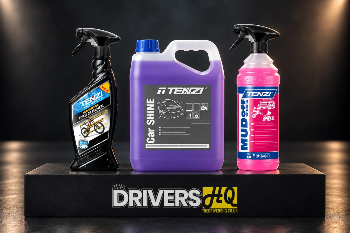 Tenzi Bike Cleaner, Car Shine 5L and Mud Off Professional 1L on a black display plinth