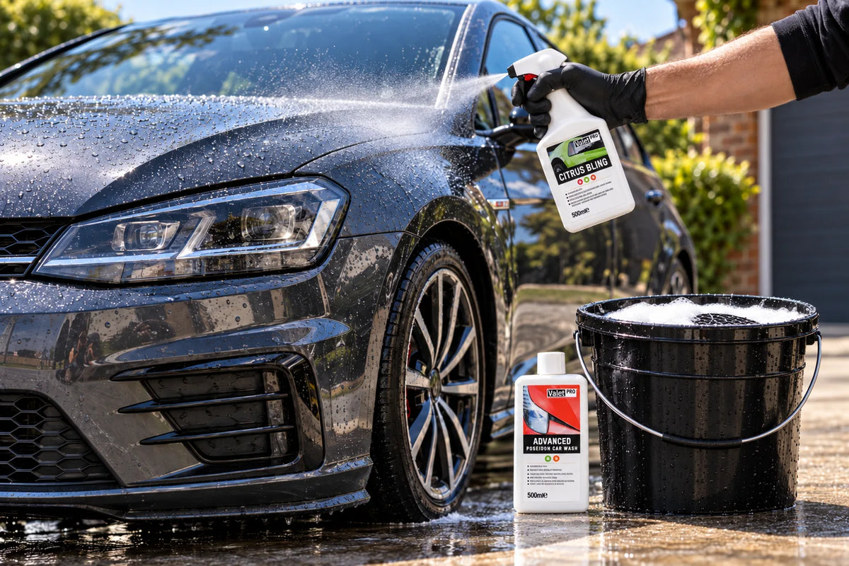ValetPRO Citrus Bling sprayed on a freshly washed car, Advanced Poseidon Car Wash beside the wash bucket