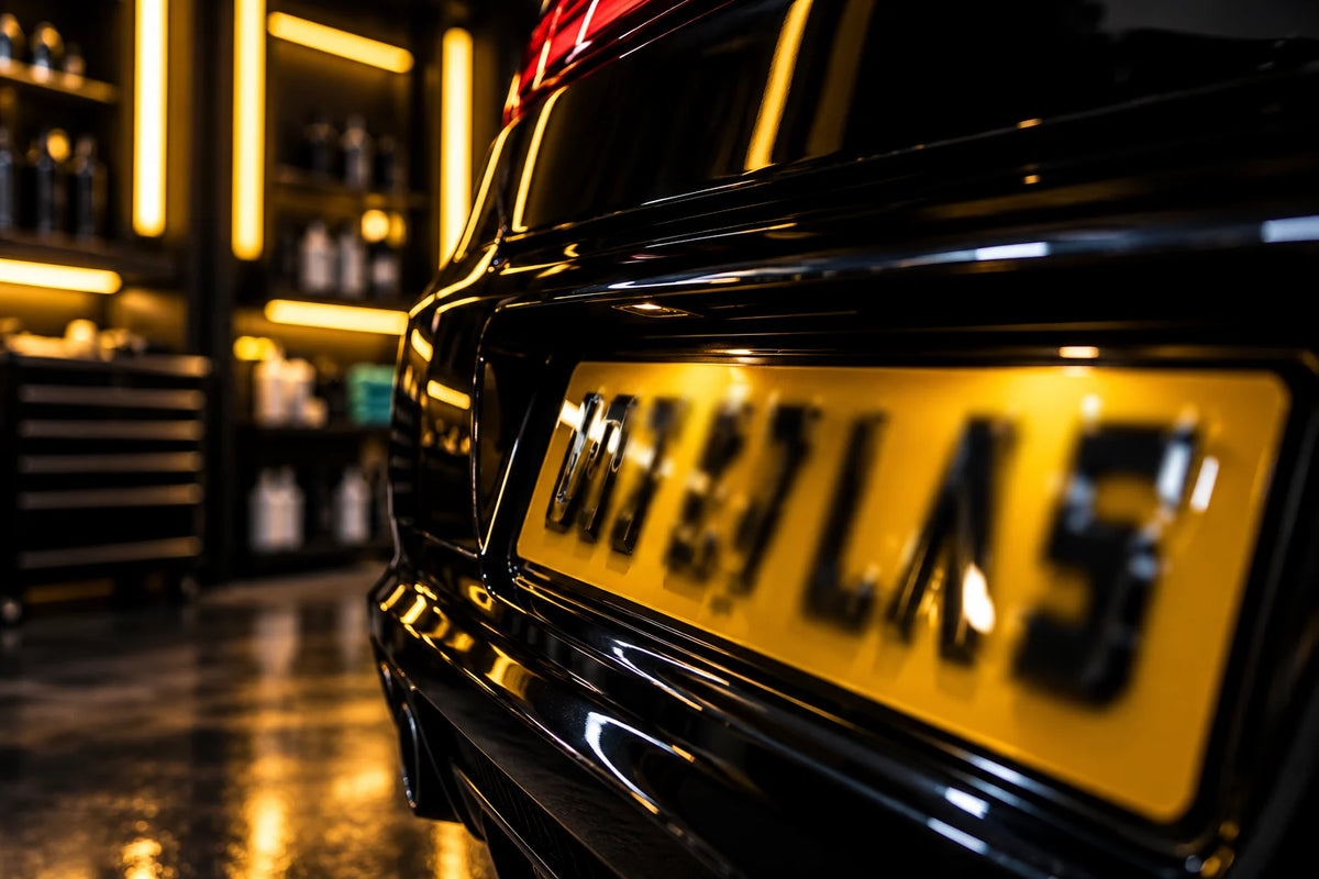 Raised 4D number plate on the rear of a glossy black car in a detailing studio