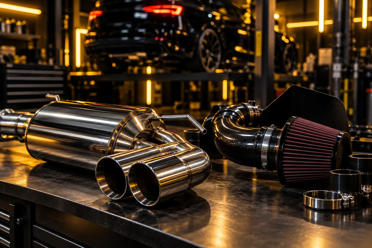 A polished aftermarket exhaust back box and an induction kit on a workshop bench with a car on a ramp behind