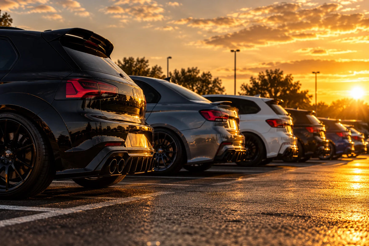 A row of clean modified cars at a Sunday morning car meet in a car park at golden hour