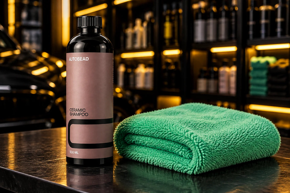 AutoBead Ceramic Shampoo and a folded green FibreKing Silver Label drying towel on a display table in front of lit shelves