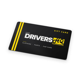 The Drivers HQ gift card, black with two yellow stripes, The Drivers HQ logo and GIFT CARD in yellow, product photo on white