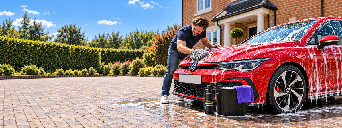 Man washing a red Volkswagen Golf GTI in snow foam with a FibreKing wash mitt, AutoBead Pure Shampoo and a bucket with a grit guard on a sunny driveway