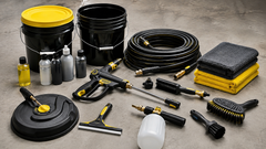 Trigger gun, snow foam lance, hose, buckets, surface cleaner, brushes and towels.