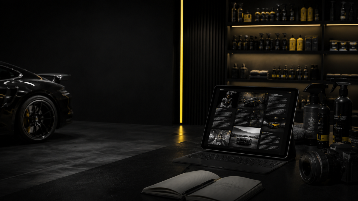 Black sports car in a dark studio beside shelves of car care bottles, with a tablet, notebook and camera on a desk