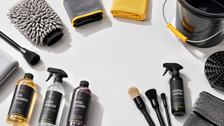 Wash mitt, microfibre towels, bucket, grit guard, detailing brushes and cleaning product bottles.