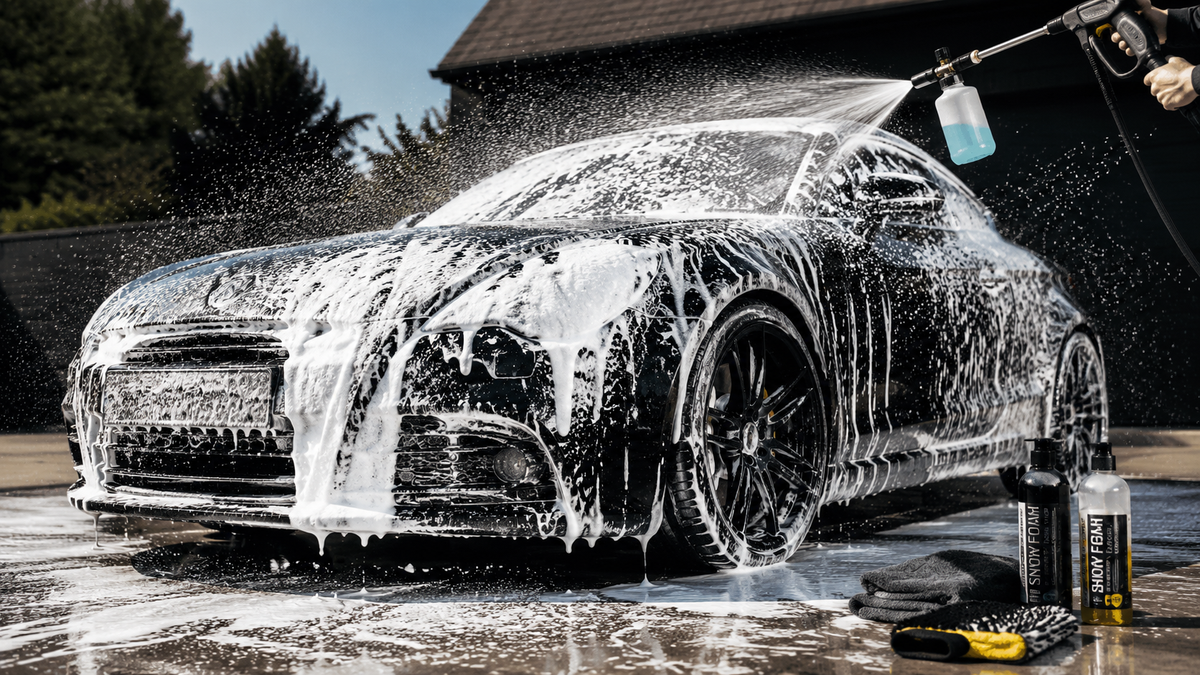A car covered in snow foam during a pre-wash, with car care products alongside.