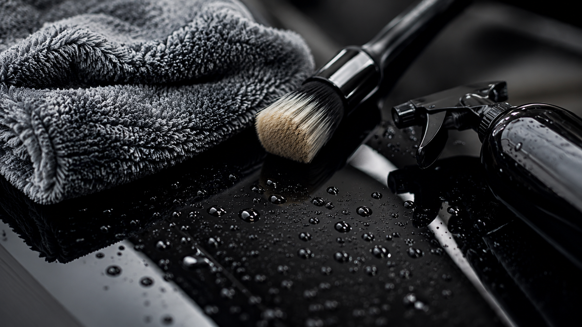 Detailing brush, grey microfibre towel and black spray bottle on a dark car panel beaded with water