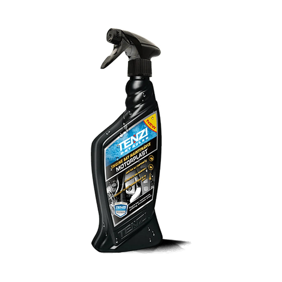 Tenzi Detailer Motorplast engine bay dressing 700ml black trigger bottle with a blue label, product photo on white