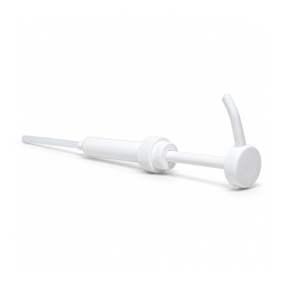 ValetPRO 5 litre dispenser pump in white plastic with a curved spout and long dip tube, studio photo on white