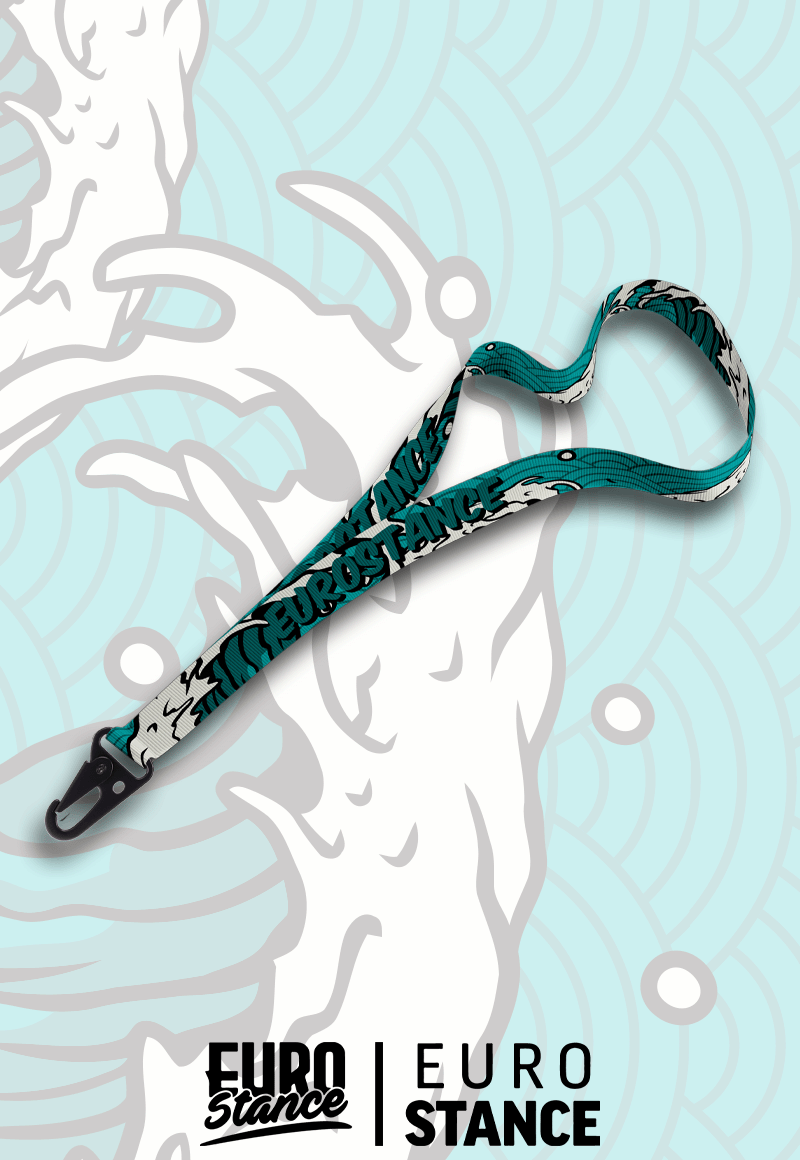 EuroStance Ocean Waves Lanyard in teal and white wave print with black clip