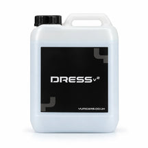 Yum Dress V2 rubber and trim dressing 5 litre jerrycan with a black DRESS v2 label, studio photo on white
