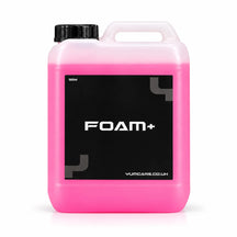 Yum Foam+ ceramic foam sealant 5 litre jerrycan with bright pink liquid and a black FOAM+ label, studio photo on white